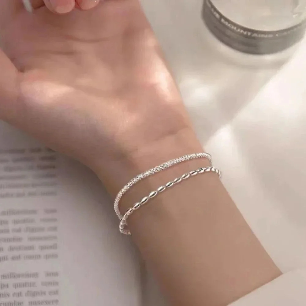Silver Dainty Beaded Layered Chain Bracelet